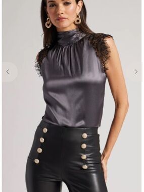 Generation Love Satin Mock-Neck Camisole with Black Lace - Charcoal